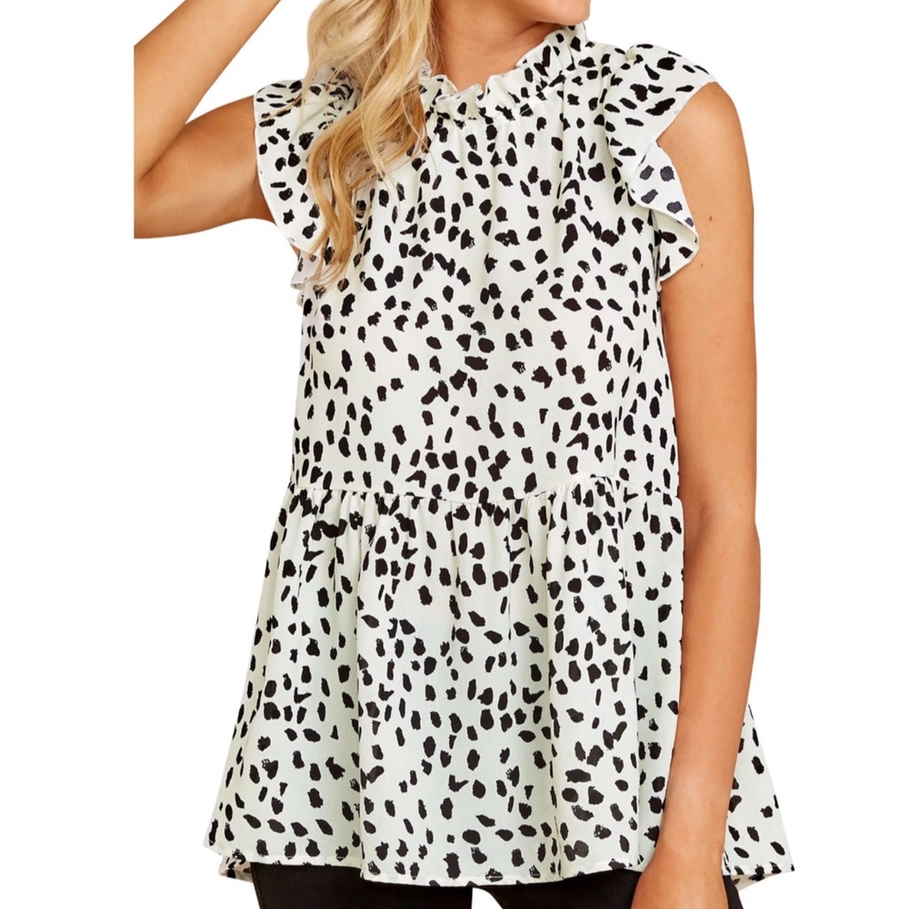 ENTRO • Ruffled Sleeve Button Closure Polka Dots Leopard Printed Pleated Shirt - Picture 2 of 7